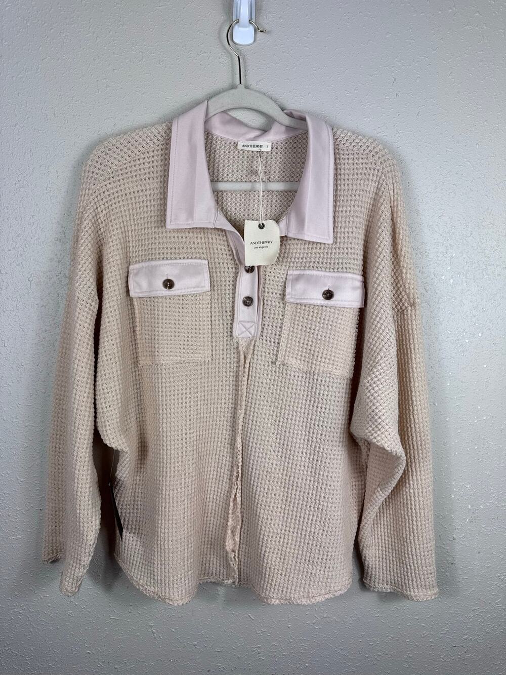 NWT ANDTHEWHY Beige Waffle knit top Womens Size Small (oversized)